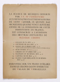 Programme de la séance de musique offerte par Paderewski le 15 mai 1933 dans le grand salon d'Hercule du Palais de Versailles aux bienfaiteurs de l'Œuvre de Saint-Casimir – Avec billet d'entrée et timbre d'annulation daté du 8 mai 1933 au verso