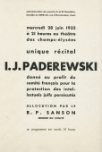 Libretto du récital donné par Paderewski le 28 juin 1933 au Théâtre des Champs-Elysées à Paris au profit du Comité français pour la protection des intellectuels juifs persécutés, avec allocution du R[abbin] P. Sanson