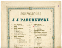 Partition de «Au Soir» tirée de l'«Album de mai, scènes romantiques pour piano» op. 10 n° 1 de Paderewski (Louis Gregh, Paris – avec en couverture une liste des «compositions de Paderewski» diffusées par cette maison)
