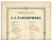 Partition de la «Mélodie» tirée des «Miscellanea, série de morceaux pour piano» op. 16 n° 2 de Paderewski (Louis Gregh, Paris – avec en couverture une liste des «compositions de Paderewski» diffusées par cette maison – dédicace «à Madame Marie Trélat»)