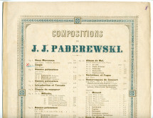Partition de l'«Elégie pour piano» en si bémol mineur op. 4 de Paderewski (Louis Gregh, Paris – avec en couverture une liste des «compositions de Paderewski» diffusées par cette maison)