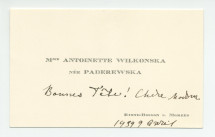 Carte de compliment de «Mme Antoinette Wilkonska née Paderewska» adressée en 1939 à une «chère Madame» pour son anniversaire